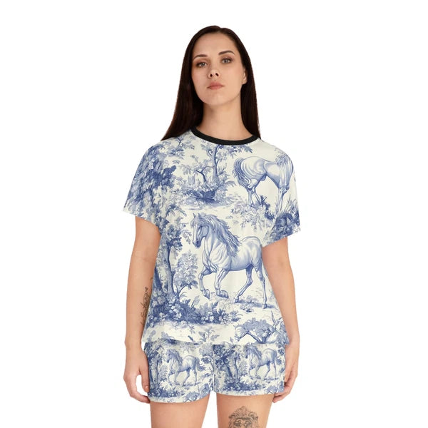 Whimsical Horse Print Pajama Set Cozy Sleepwear, Animal Lover Gift, Blue Floral