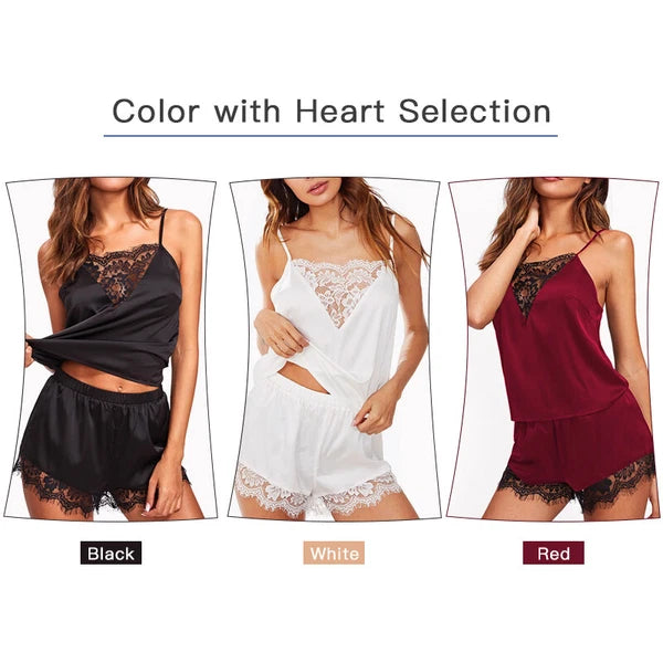 Women Ladies Satin Silk Lace Cami Vest Shorts Lingerie Pyjamas Set Sleepwear