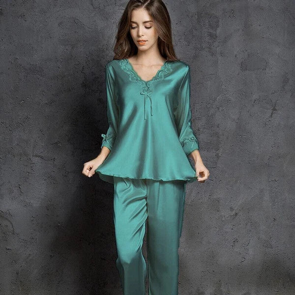 Women's Faux Silk Sexy Lace Silk Pajamas Silk Pajamas Set Home Sleepwear 2pcs