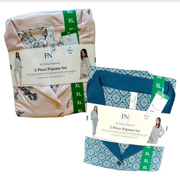 Flora Nikrooz Teal and White Pajama Set Satin Accents 2 Piece