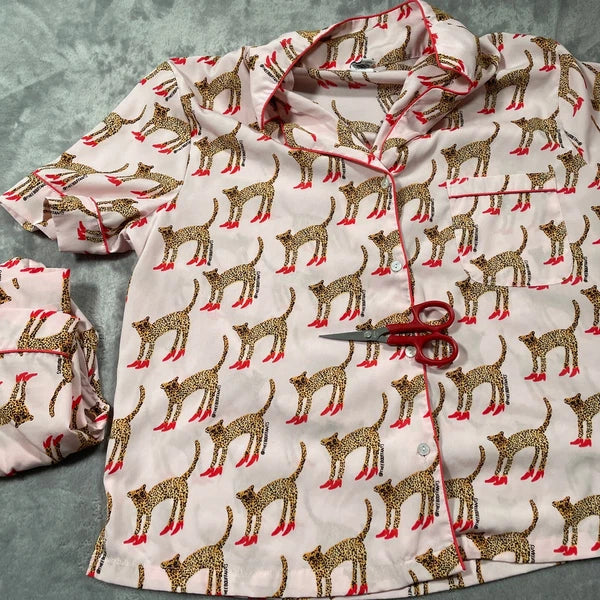 Bouffants Broken Hearts Pajama Set Women Large Pink Cheetah Novelty Sleep Lounge