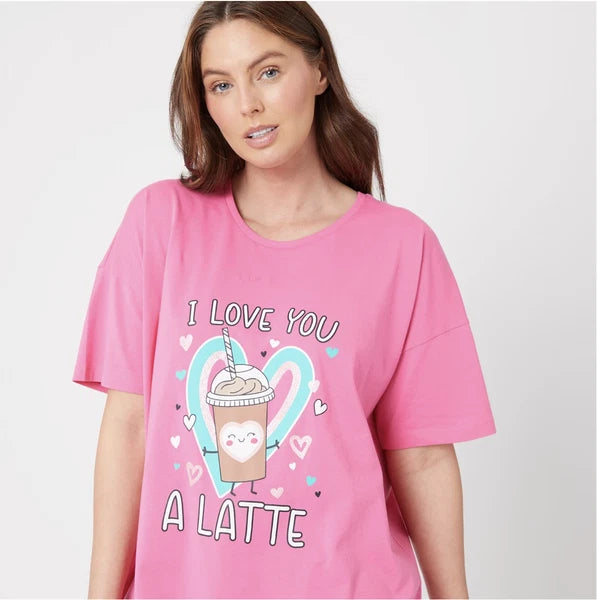 Ladies I LOVE YOU A LATTE PYJAMAS Set T Shirt & Long Pants Top PJS UK 12-14