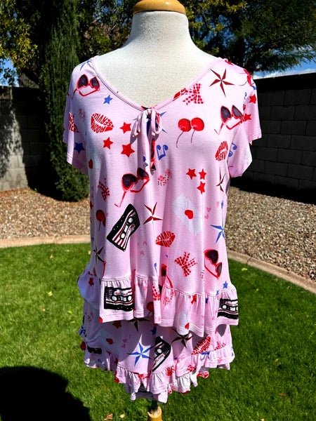 Room Service Short Pajamas 2 Piece Set Women's L Pink "Road Trip" Print $68 NWT