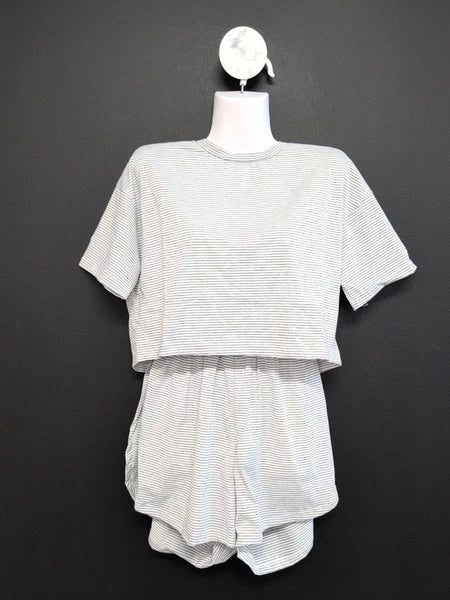 Split Short Pajama Set 2 Piece Women Sleepwear Striped Cotton Loungewear M Gray