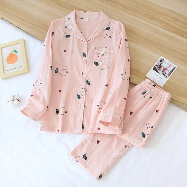 Women Pajamas Set 100% Cotton Printed Sleepwear Casual Nightwear Home Wear
