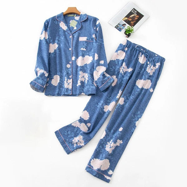 Womens 100% Cotton Pajamas Set Flannel Printed Button Nightwear Loungewear 12-24
