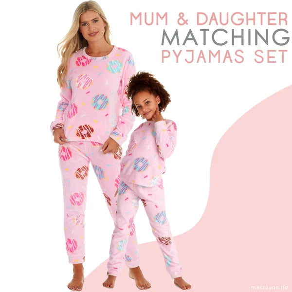 Mini Me Mum & Daughter Long Sleeved Plush Fleece Matching Pyjama Sets PJ's Pink