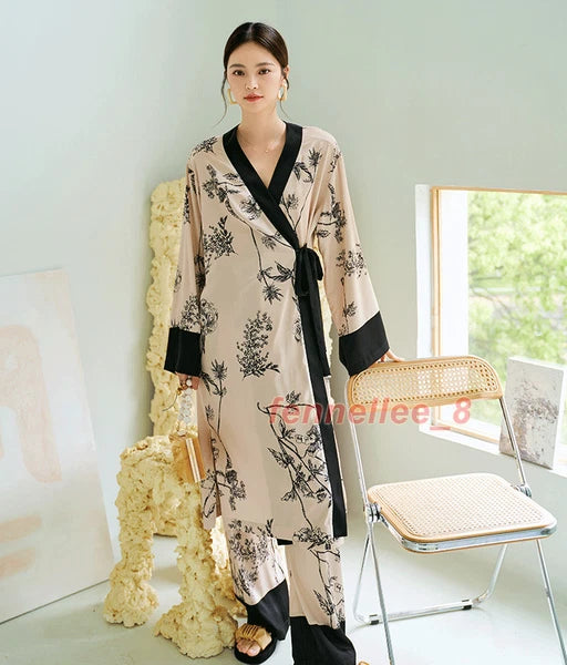 Women 2PC Ice Silk Printed Kimono Coat Pant Chinese Nightgown Pajamas Loungewear