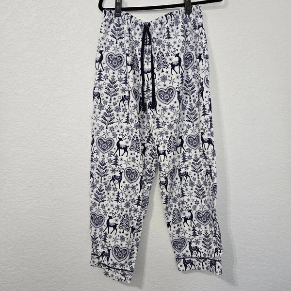 The Cats Pajamas Reindeer PJ Set Womens White Blue Holiday Christmas Loungewear