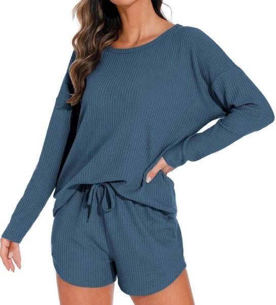 Womens Waffle Knit Pajama Sets Long Sleeve Top and Shorts Loungewear Sweatsuit