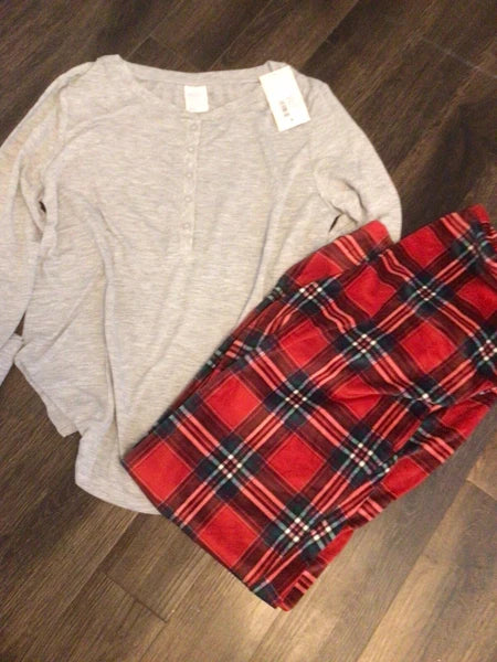 STARS ABOVE Women's Henley Pajama Sleepwear Set Long Sleeve Top Gray Plaid NWT L