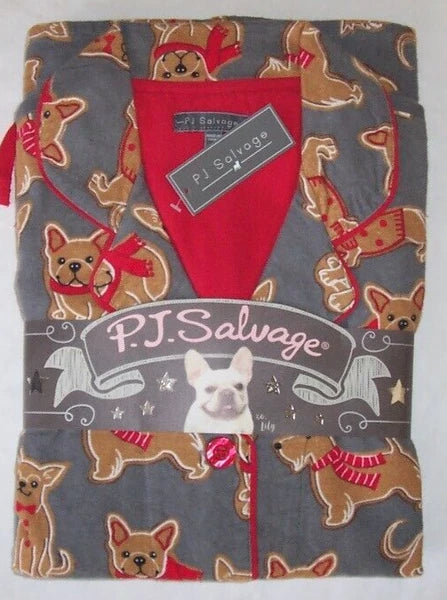 NWT PJ Salvage Gray/Red GINGERBREAD DOG COOKIES Cotton Flannel Pajama Set M