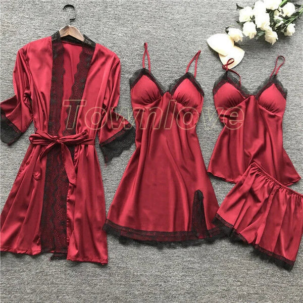 New Women Sexy Silk Satin Pajama Set Lace Sleepwear Home Wear Nightwear Set