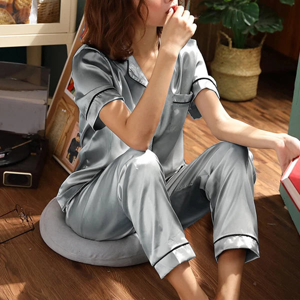 Womens Ladies Silk Satin Pyjamas Short Sleeve Tops Long Pants Soft Nightwear Set
