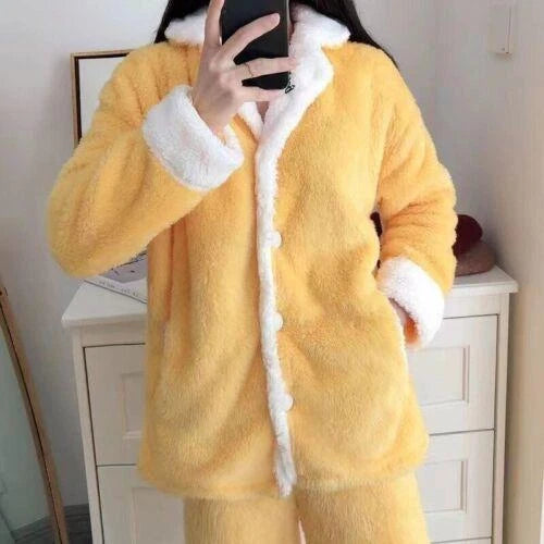 Women's Warm Cartoon Pajama Suit Two Piece Set Shawl Collar Coat Loose Fit Pants