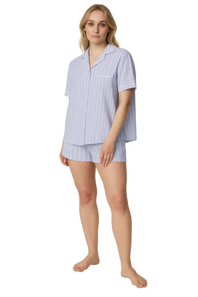 Womens EXM&S 100% Cotton Blue Pinstripe Pyjama Set Short Sleeve Shorts RRP £25
