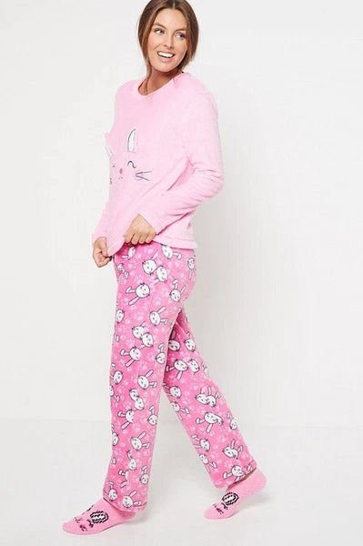 Ladies Womens SUPERSOFT FLEECE Pyjamas and Matching Socks Cosy PJ SET UK 8-26