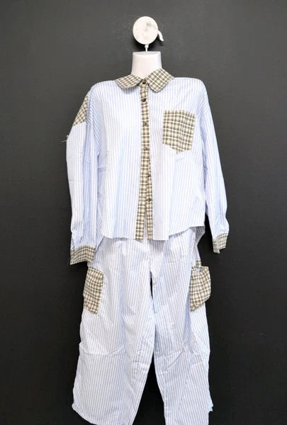 Long Sleeve Lapel Collar Cotton Comfortable Sleepwear Pajamas Set Size L Blue