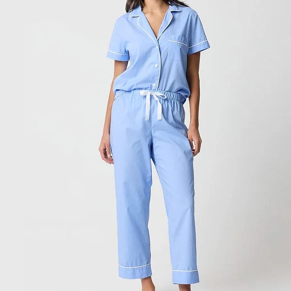 J Crew NWT $118 Short-Sleeve 100% Cotton Blue Pajama Set | Sz M | Cropped Pant