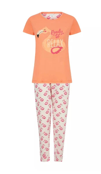 Ladies Pyjama Cotton Blend Printed Crew Neck 2 Piece Set 3 Prints