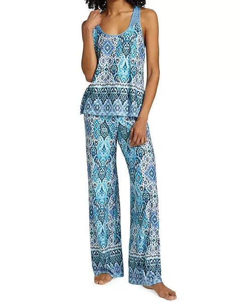 NWT In Bloom by Jonquil NAVY/AQUA/BLUE/WHITE IKAT Knit Pajama Set XS LACY Trim