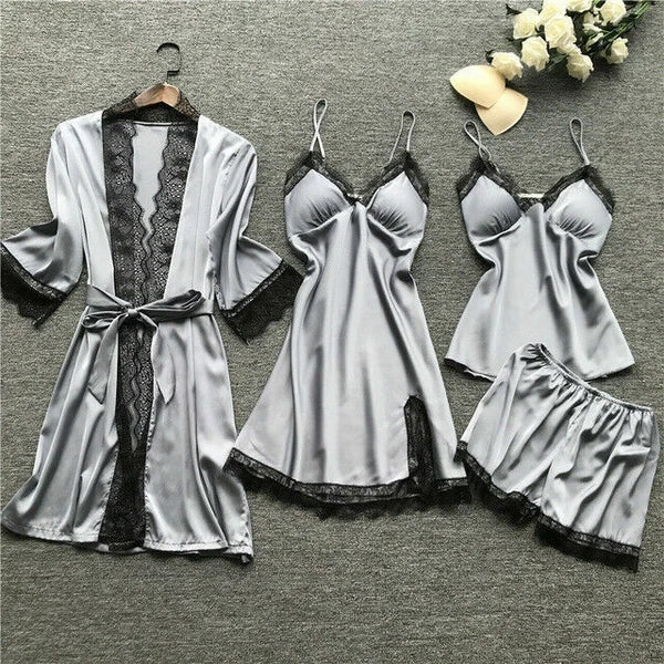 New Women Sexy Silk Satin Pajama Set Lace Sleepwear Home Wear Nightwear Set