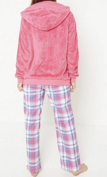 New Womens 3-Piece Check Pom Pom Hooded Pyjama Set Snuggle Set Pink UK 8/10