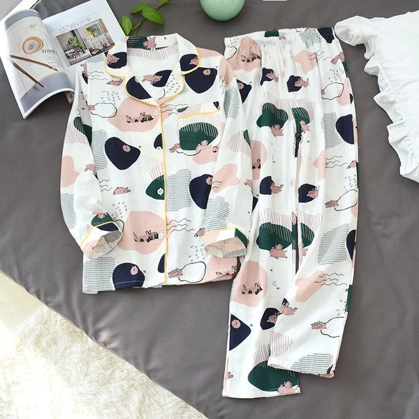 Women Pajamas Set 100% Cotton Printed Sleepwear Casual Nightwear Home Wear
