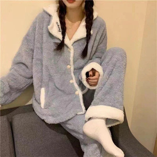 Women's Warm Cartoon Pajama Suit Two Piece Set Shawl Collar Coat Loose Fit Pants