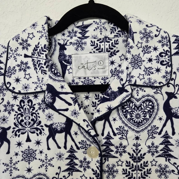 The Cats Pajamas Reindeer PJ Set Womens White Blue Holiday Christmas Loungewear