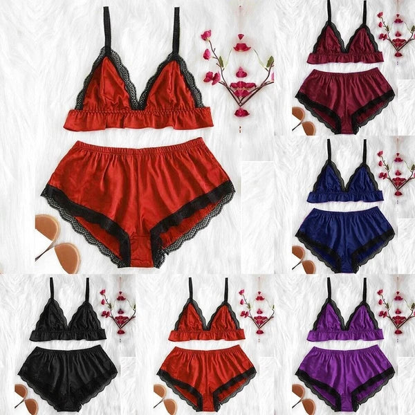 Women Satin Silk Sleepwear Set Top Shorts Nightwear Sexy Lingerie Pajamas-Set