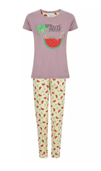 Ladies Pyjama Cotton Blend Printed Crew Neck 2 Piece Set 3 Prints