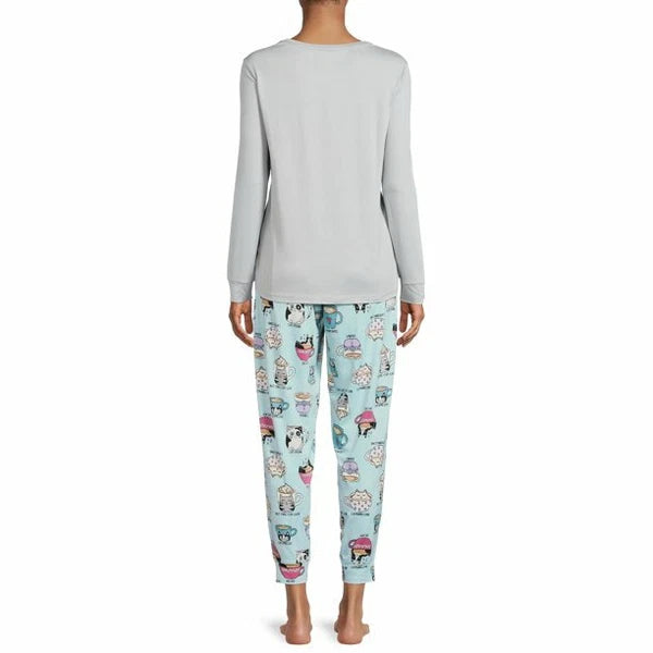 COFFEE CATS LONG SLEEVE JOGGER SECRET TREASURES GRAY BLUE PANTS PAJAMAS SET 3X