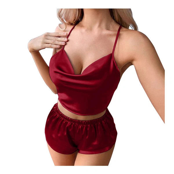 Womens Sexy-Lingerie Sleepwear Satin Silk Babydoll Lace Nightwear Pajamas Set