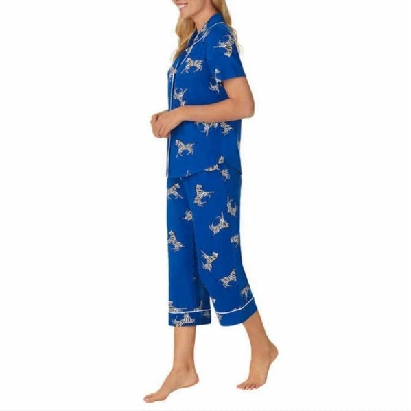 Room Service Womens Notch Collar 2pc Zebra Print Capri PJ Pajama Set Blue Size L