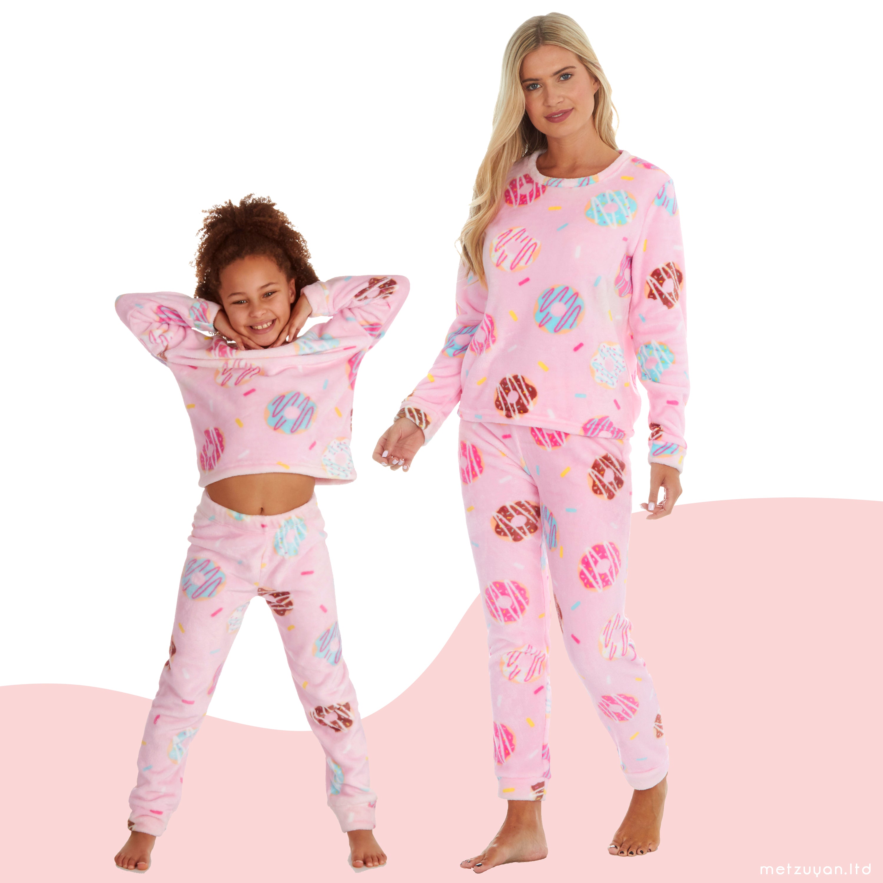 Mini Me Mum & Daughter Long Sleeved Plush Fleece Matching Pyjama Sets PJ's Pink
